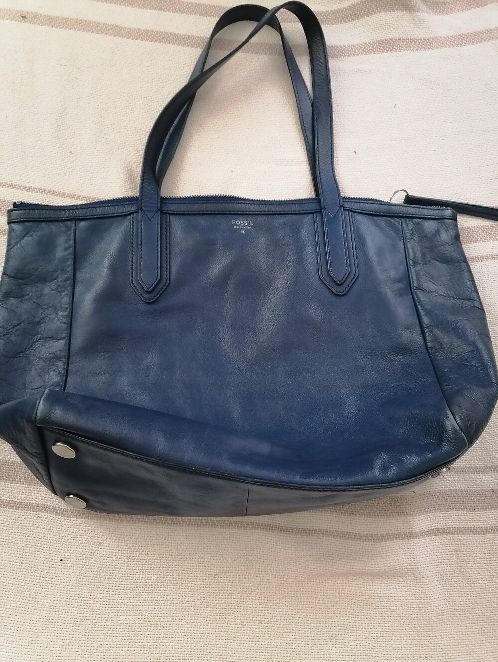 Fossil Deep Navy Leather Tote with Dual Straps